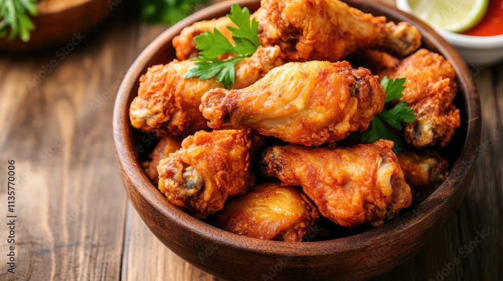 Crispy Golden Chicken Wings Served in Wooden Bowl With Sauce Crispy Golden Chicken Wings Served in Wooden Bowl With Sauce