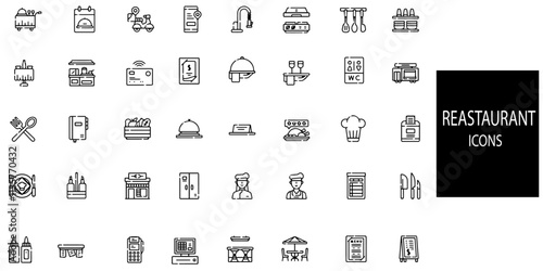 Reastaurant simple concept 40 icons set. Contains such Table, food, chef, cooking, delivery, drink, water, kitchen, glasses and cocktail .Vector illustration.