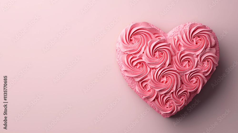 A pink, heart-shaped cake adorned with swirled frosting, beautifully crafted and placed on a soft, neutral background. A pink, heart-shaped cake adorned with swirled frosting, beautifully crafted and placed on a soft, neutral background.