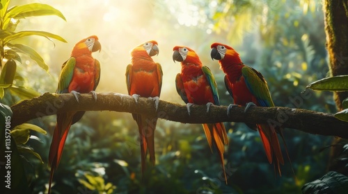 Three Scarlet Macaws Perched on a Branch in Sunlight