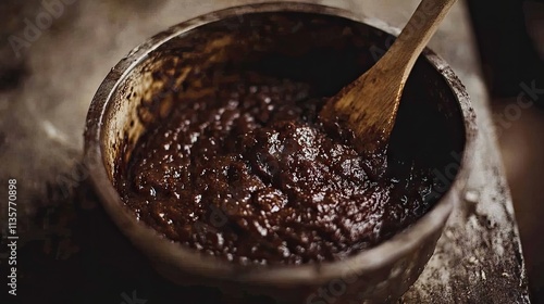 Dark Brown Mixture in Wooden Bowl with Spoon on Rustic Surface photo