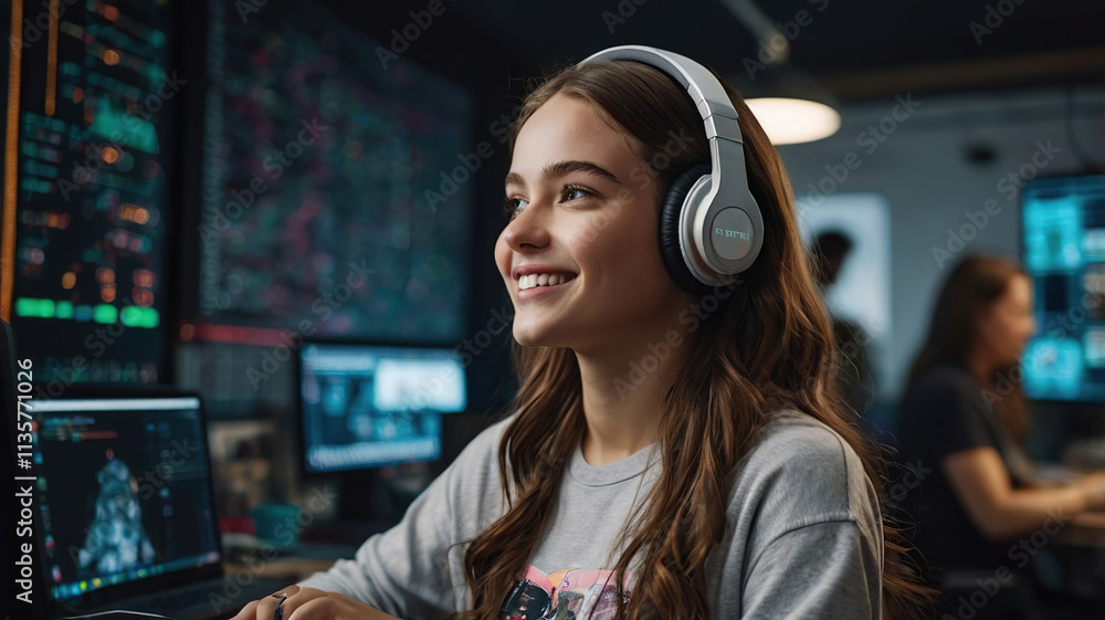 Portrait of a Girl in Headphones Using a Computer Portrait of a Girl in Headphones Using a Computer