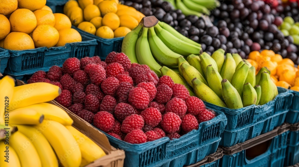 Fresh Fruit Market Display Bananas, Raspberries, Oranges Fresh Fruit Market Display Bananas, Raspberries, Oranges