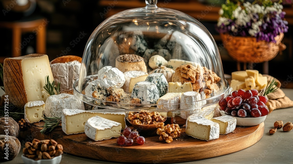 Assorted Cheese Platter with Fresh Fruits and Nuts on Rustic Table Assorted Cheese Platter with Fresh Fruits and Nuts on Rustic Table