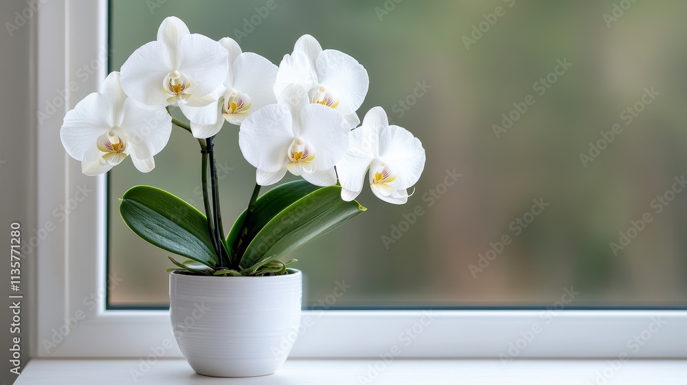 Elegant White Phalaenopsis Orchid in White Pot on Windowsill Elegant White Phalaenopsis Orchid in White Pot on Windowsill
