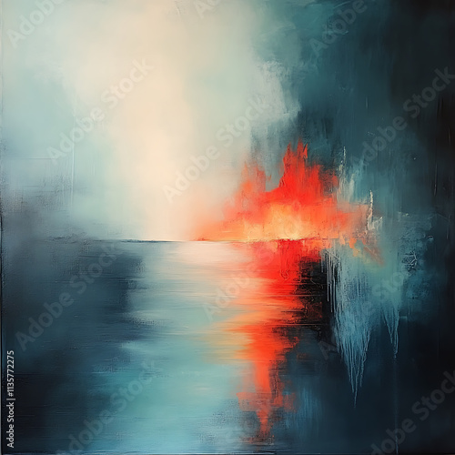Vibrant Abstract Painting Inspired by Travel with Dramatic Colors and Evocative Landscape Elements, Merging Warm and Cool Tones for a Striking Visual Experience