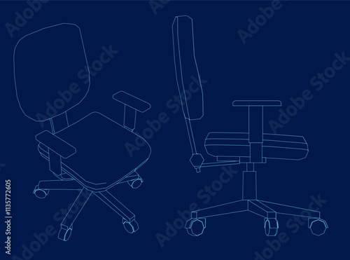 Contour Office chair isometric and side view. Vector minimal office chairs angle view isolated on blue background, vector illustration