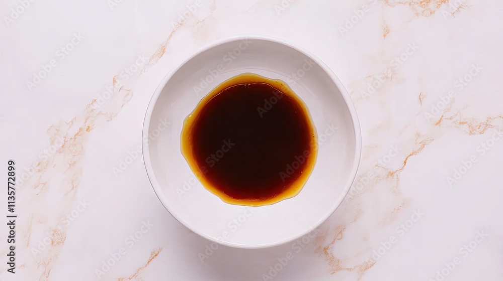 Dark Soy Sauce in a White Bowl on a Marble Surface Dark Soy Sauce in a White Bowl on a Marble Surface