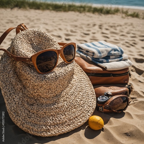 A woven beach bag filled with summer essentials like sunglasses and a sun hat.

 photo