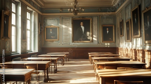 Grand Hall Portraits and Sunlight: Classic Interior Design
