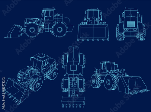 Heavy equipment and machinery detailed contour set. Outline of bulldozer. Vector illustration
