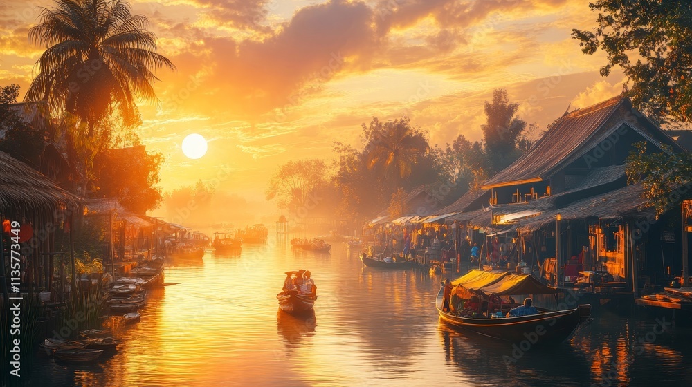 Fototapeta premium A Floating Market on a Calm River at Sunrise, A Forest Path with Sunlight Filtering Through the Leaves, A Group of Friends Stargazing in a Remote Desert, A Hidden Cave Illuminated by Bioluminescent Fu