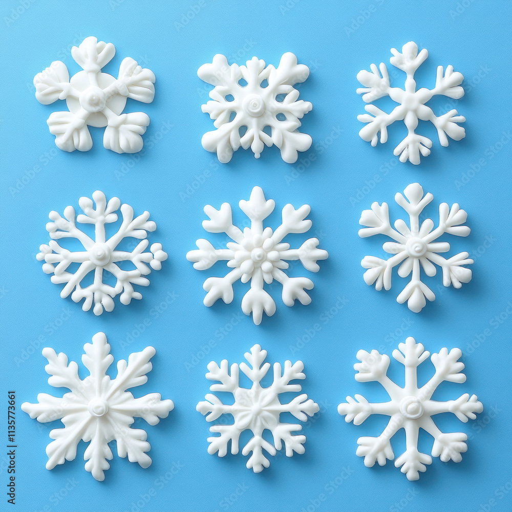 Snowflakes - set of 6, each with intricate crystal patterns, delicately arranged on a frosted glass window, capturing the essence of winter's beauty. Snowflakes - set of 6, each with intricate crystal patterns, delicately arranged on a frosted glass window, capturing the essence of winter's beauty.