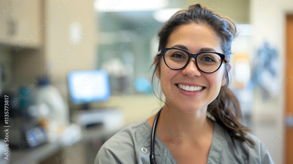 Fototapeta premium A female doctor or nurse smiles at the camera.