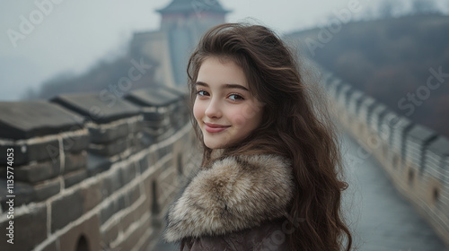 Canadian girl wearing fur coat on traveling to the great wall of china