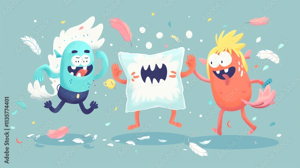 An illustration of three cartoon monsters jumping around with feathers flying in the air.