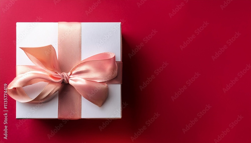 White With Gold Accents Gift Box with Pink Ribbon on Red Background. Top View of Romantic Gifts with Copy Space White With Gold Accents Gift Box with Pink Ribbon on Red Background. Top View of Romantic Gifts with Copy Space