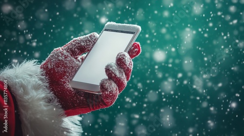 Close-up of Santa Claus's hand holding a smartphone, the glowing white screen inviting for customization, with a bold and festive green background