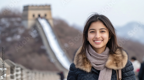 Indian girl wearing fur coat on traveling to the great wall of china photo