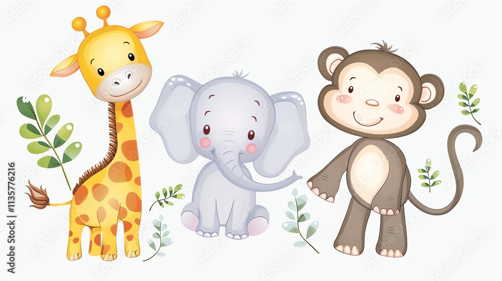 Obraz premium A cartoon giraffe, elephant and monkey.