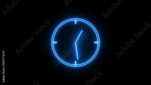 Stopwatch animated icon. Clock with moving arrows. Loop. Glowing neon clock icon animation on black background