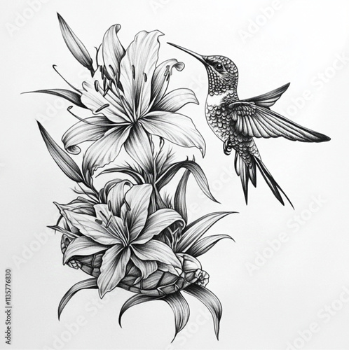 hummingbird with lily, spider plant, sea turtle, tattoo design photo