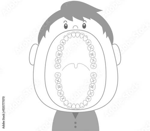 白黒　大きな口を開けた大人の歯のイラスト