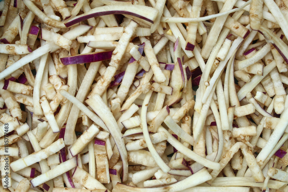 The texture of eggplant cut into small pieces. The texture of eggplant cut into small pieces.