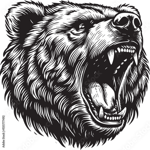 Roaring growling grizzly bear head, tattoo. Powerful white background