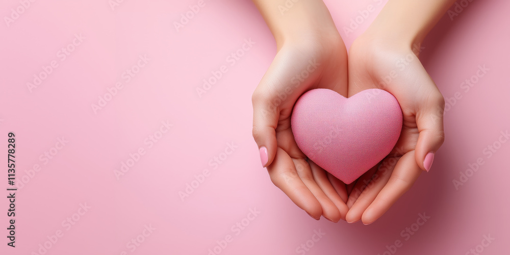 Hands gently holding pink heart on soft pink background Hands gently holding pink heart on soft pink background