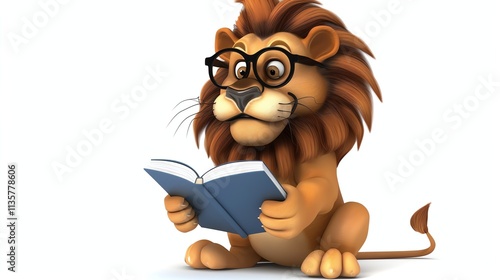 A cartoon lion wearing glasses reads a book. photo