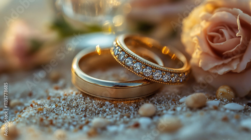 Two gold wedding rings on the beach sand, with a sunset in the background and flowers.