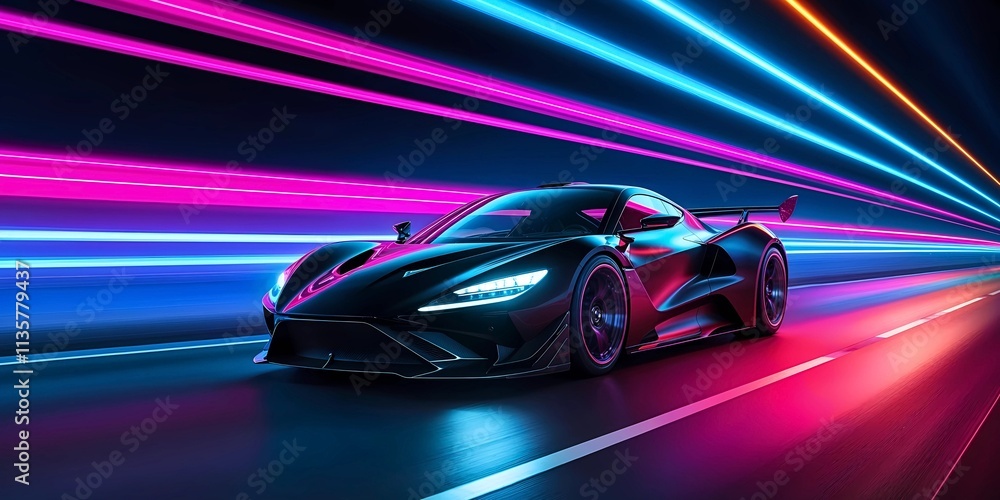 The image shows a sleek, futuristic-looking sports car against a vibrant, colorful background. The image shows a sleek, futuristic-looking sports car against a vibrant, colorful background.