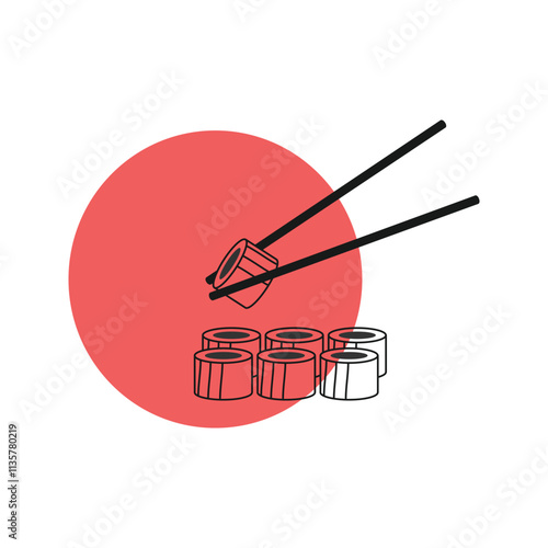 Vector illustration of a set roll, sushi with chopsticks. Asian cuisine. Icons of dishes. Logo.
