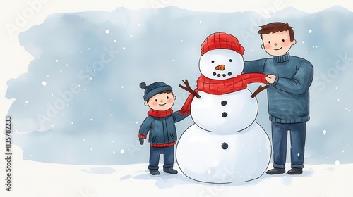 Watercolor Kids Xmas-Theme Decor. Boy and his dad building a snowman together, with the boy placing a red scarf around the snowman s neck, watercolor style photo