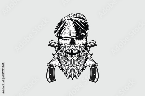 Black and White Skull head bearded wear hat vector logo