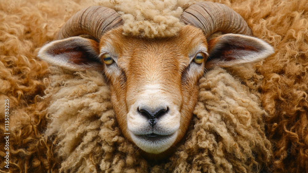Sheep with distinctive curly wool and impressive horns in a natural setting Sheep with distinctive curly wool and impressive horns in a natural setting