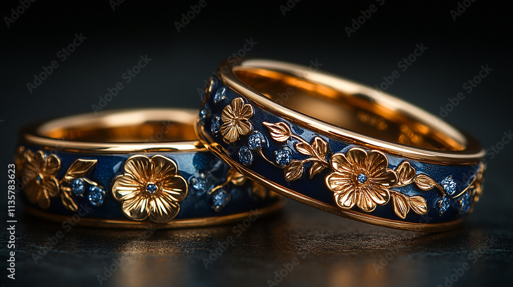Two rings, dark blue enamel with gold floral designs. Two rings, dark blue enamel with gold floral designs.