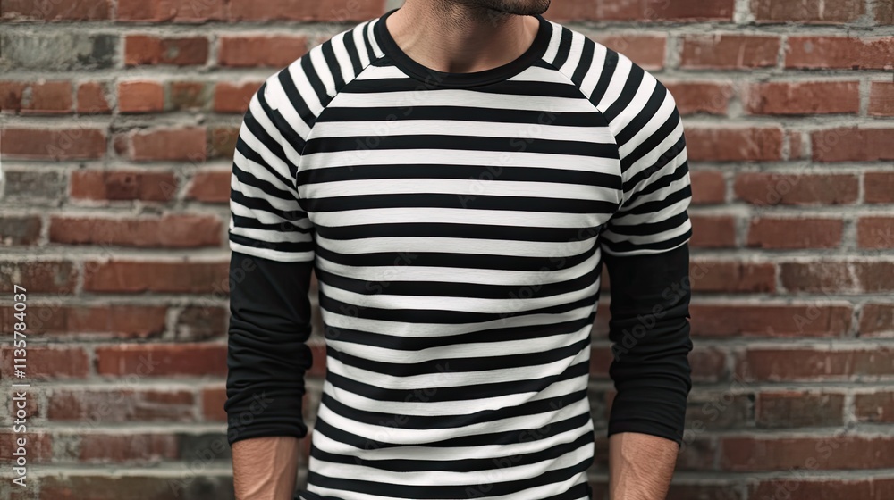 Man in black and white striped long-sleeve shirt against brick wall. Man in black and white striped long-sleeve shirt against brick wall.