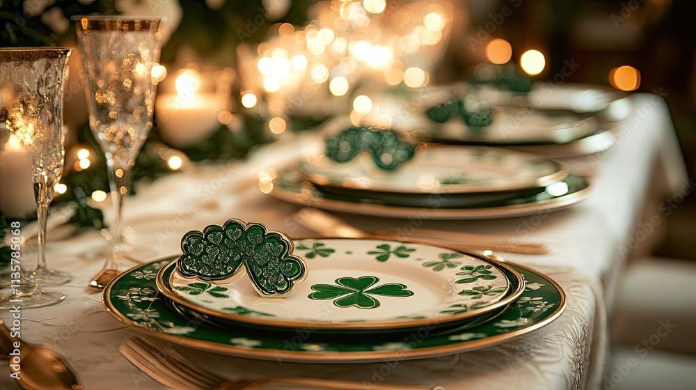 a beautifully set table with green and gold-themed plates, shamrock-shaped napkins, and candles a beautifully set table with green and gold-themed plates, shamrock-shaped napkins, and candles