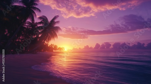 Tropical Sunset Beach Scene With Palm Trees
