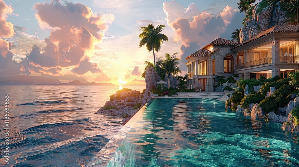 Obraz premium Scenic luxury property with an infinity pool, vibrant sky at sunset, surrounded by tropical elements. A dreamlike ocean view creates an atmosphere of serenity and opulence