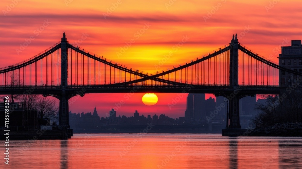 Fototapeta premium Sunset Over Manhattan Bridge New York City Travel Destination Photography Urban Environment Scenic Viewpoint Travel Inspiration