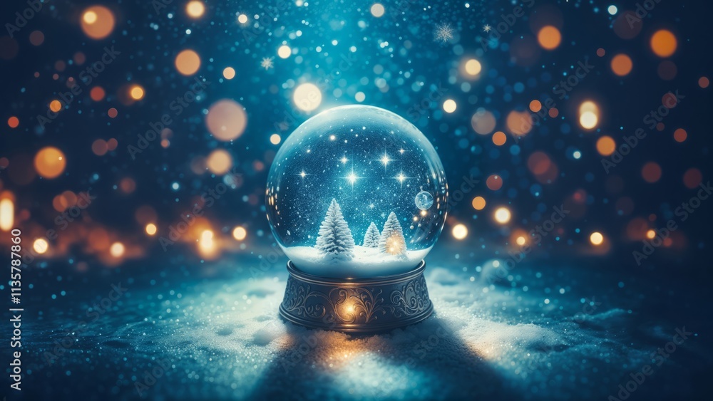 Christmas Snow Globe In Eve Night - Wish Concept With Snowing And Blue Abstract Defocused Background Christmas Snow Globe In Eve Night - Wish Concept With Snowing And Blue Abstract Defocused Background