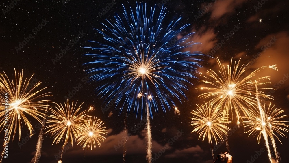 Deep black sky with colorful blue and gold fireworks creating a festive and vibrant new year celebration background design. Deep black sky with colorful blue and gold fireworks creating a festive and vibrant new year celebration background design.