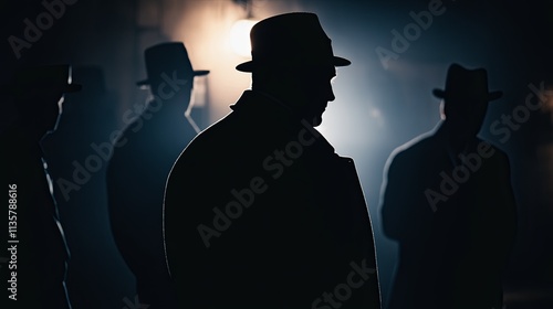 An atmospheric Film Noir Detective scene with detectives and suspects in a dimly lit detective agency backdrop, close-up shot, Noir style photo