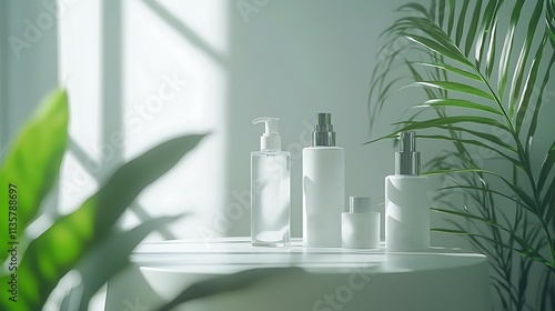 Skincare Products Mockup Minimalist Bottles Green Plants Sunlight