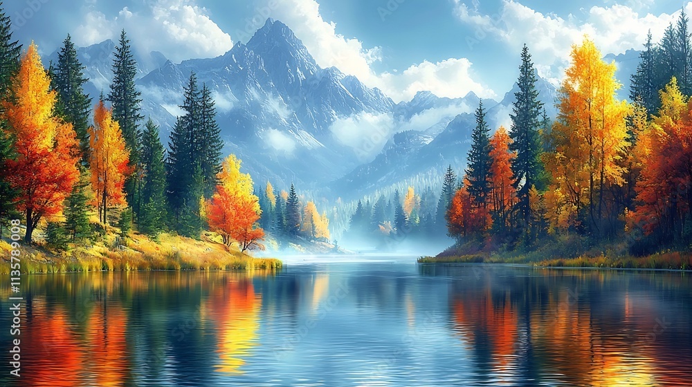 Fototapeta premium Vibrant Autumn Colors Reflecting on a Serene River Flowing Through a Picturesque Valley