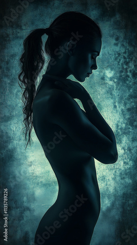 Side view silhouette of an athletic nude woman against a grunge green and blue background