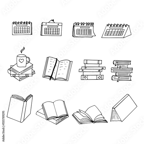 books set icon. hand drawn illustration in doodle style. vector, minimalism, monochrome